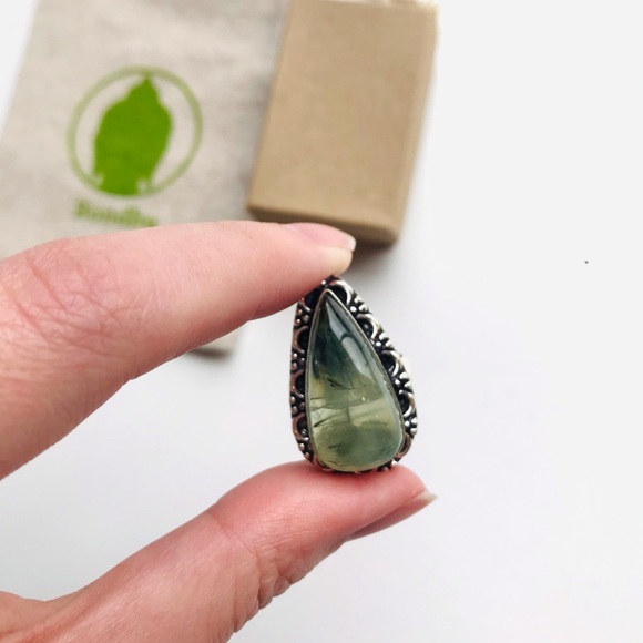 Green Moss Agate Stone Teardrop Sterling Silver 925 Ring size 8